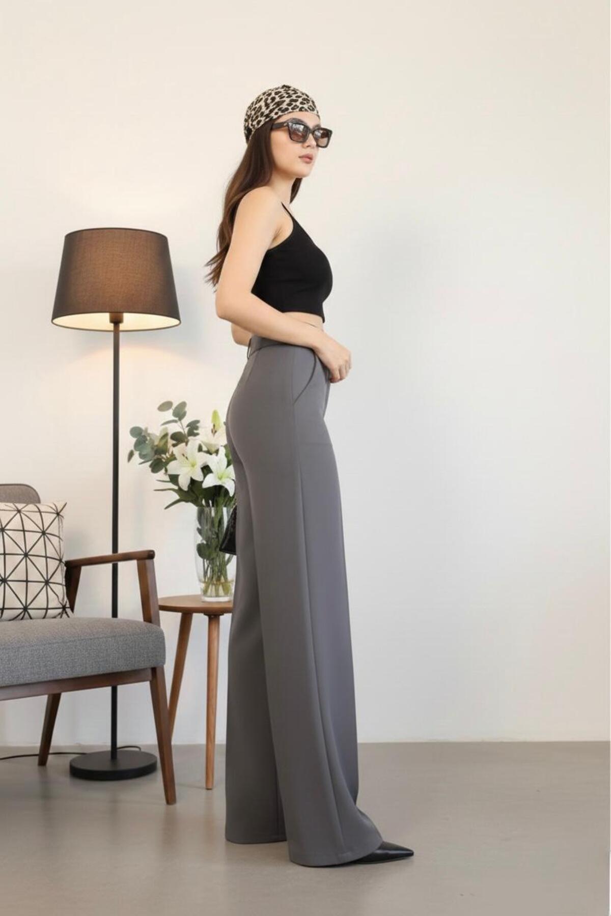 HA-KA GİYİM  Kadın İthal DoubleFace Kumaş Palazzo Kalıp Yüksek Bel Çekme Solma Yapmaz Kaliteli Ürün Likralı - Görsel 5