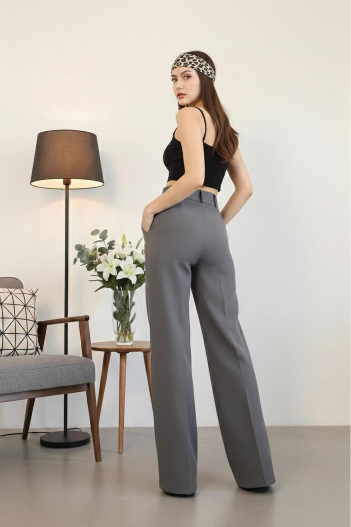 HA-KA GİYİM  Kadın İthal DoubleFace Kumaş Palazzo Kalıp Yüksek Bel Çekme Solma Yapmaz Kaliteli Ürün Likralı - Görsel 2