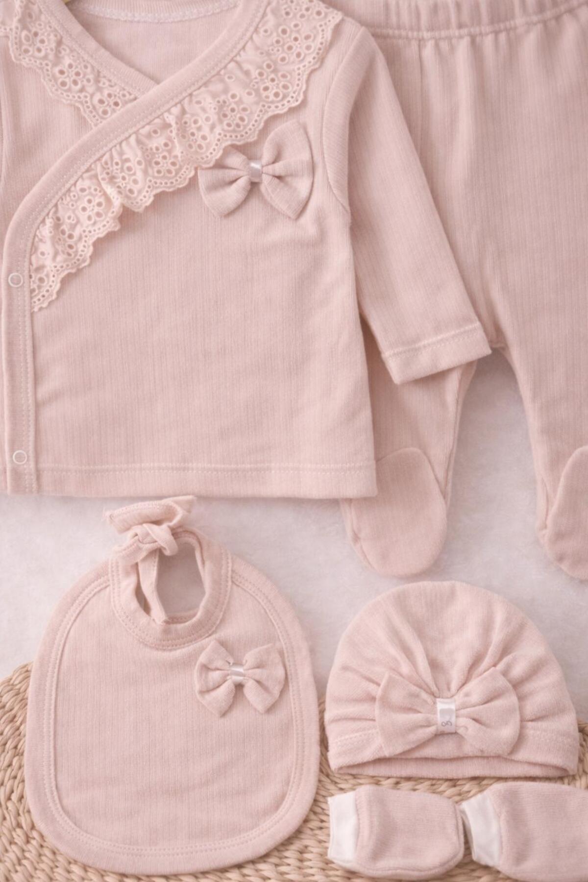 BYS BABY FASHION Fistolu Fiyonklu Natural Lüx %100 Pamuk Yenidoğan Kız Bebek 5 Parça Hastane Çıkışı Zıbın Seti fotoğrafı 6 (önizleme)