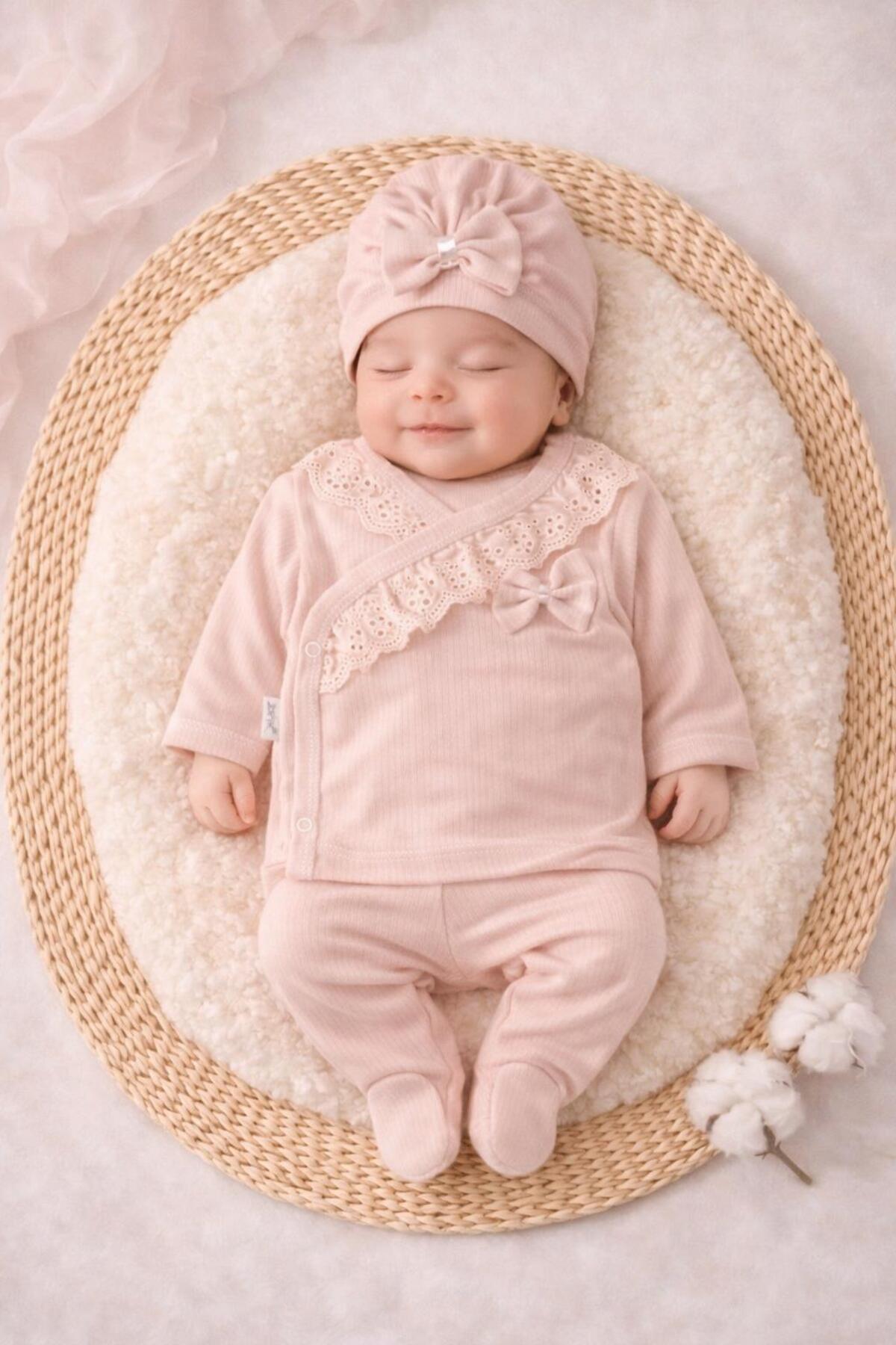 BYS BABY FASHION Fistolu Fiyonklu Natural Lüx %100 Pamuk Yenidoğan Kız Bebek 5 Parça Hastane Çıkışı Zıbın Seti fotoğrafı 7 (önizleme)