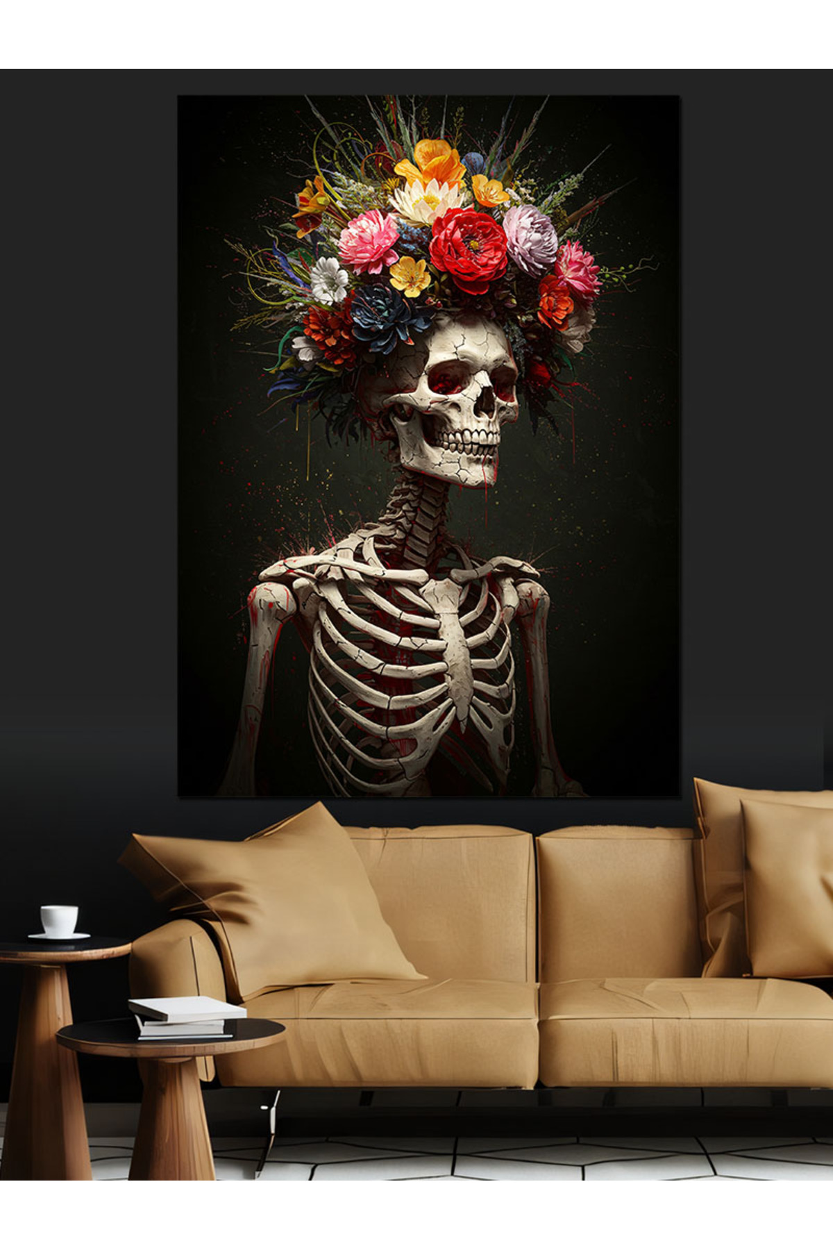 Çiçekli Kafatası Yüksek kaliteli yağlı boya dokulu Kanvas Canvas Tablo kanvas tablo canvas tablo du