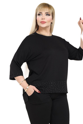 MELSAY Kadın Siyah Yarım Kol Şerit Taş Baskılı Beli Lastikli Kapri Takım