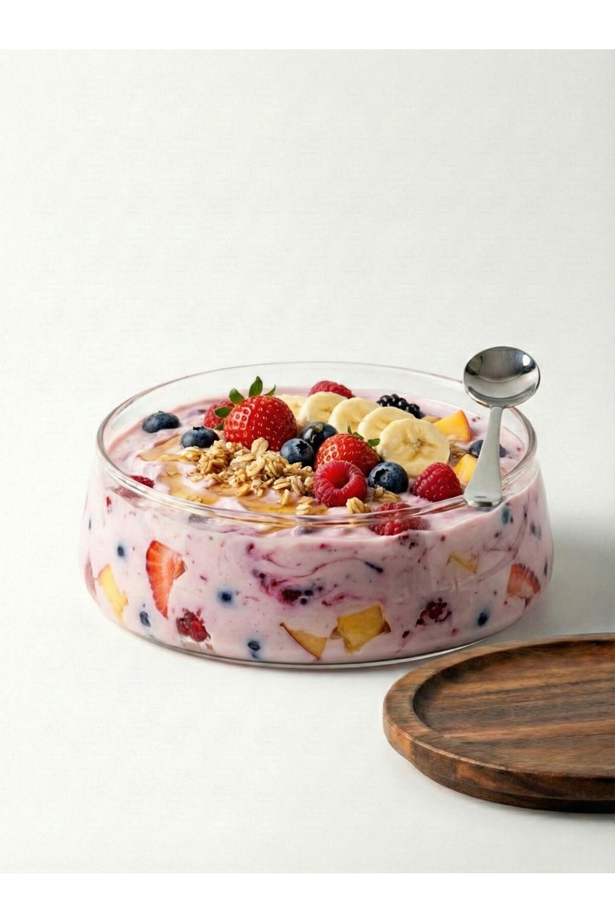 FARALYAHOME Acacia Lid Glass Presentation Bowl 19 cm Dessert Presentation Bowl, Yogurt Presentation Bowl
