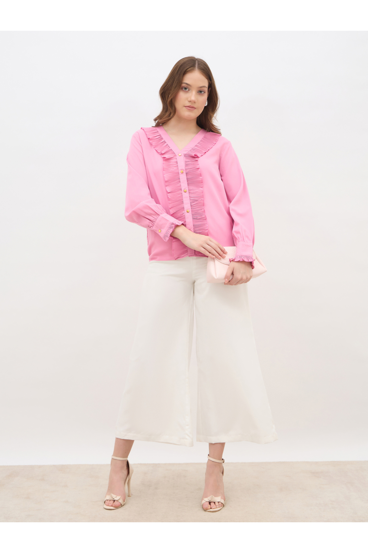 Styli Women Pink Ruffle Detail Long Sleeve Top