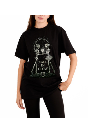 Linea Noir LNMV-Starlit Promise,Taşlı T-shirt , %100 Pamuk,Uniseks, Siyah ,Bi...