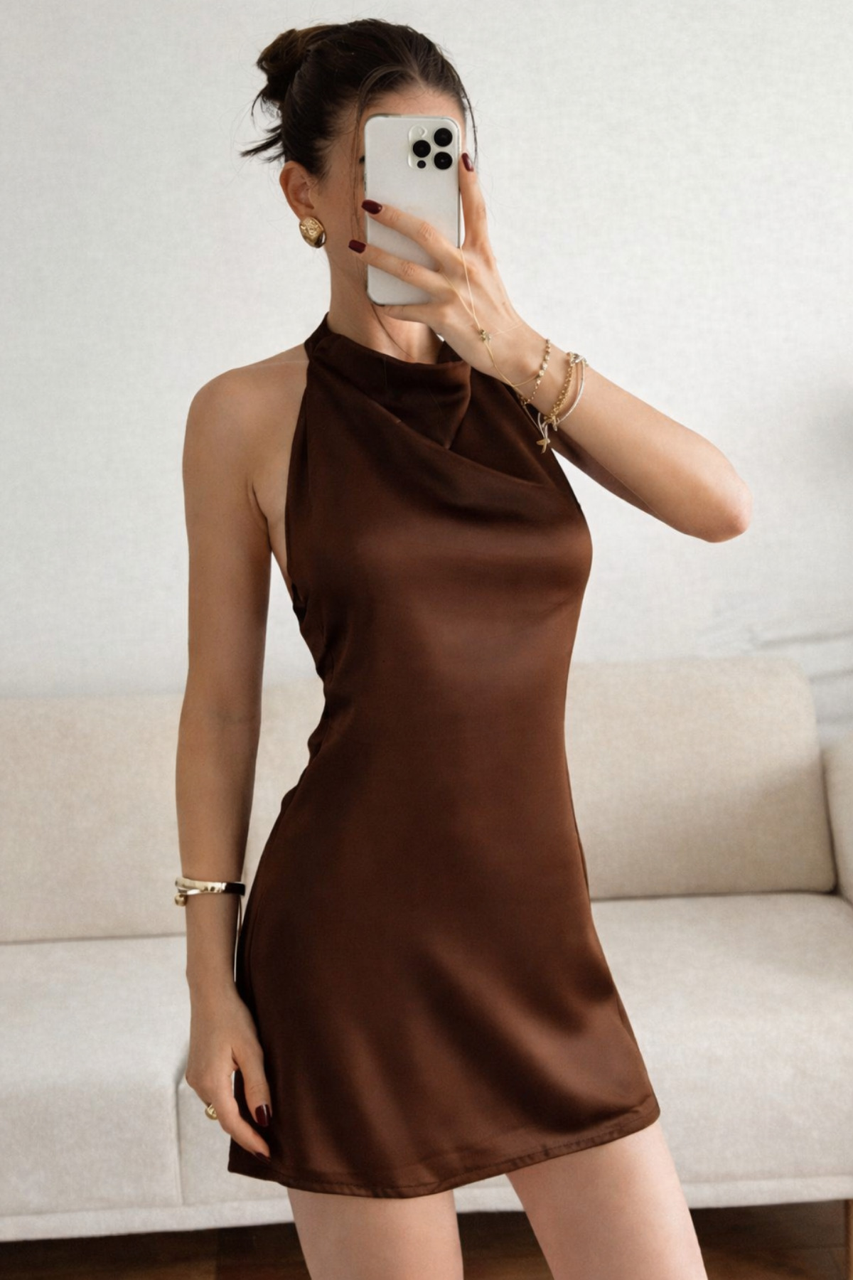 Nika Fashion  Kahverengi Sırt Dekolte Boyun Geçmeli Elbise