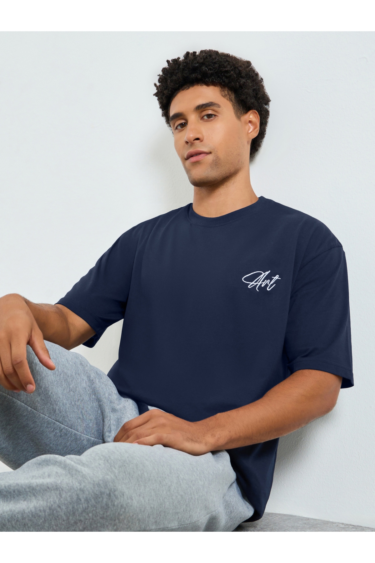 Styli Men Navy Blue Oversized Embroidered T-Shirt