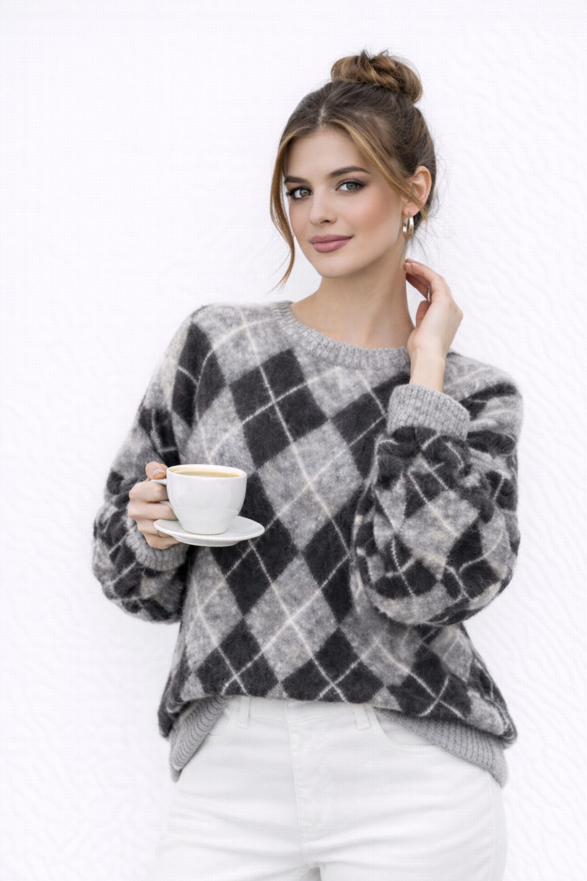 Kırlangıç Moda  Gri Siyah Baklava Desen Bisiklet Yaka Oversize Triko Kadın Kazak - Görsel 7