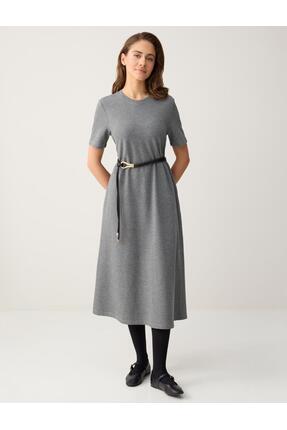 Jimmy Key Gri Melanj Rahat Kesim Kısa Kollu Bisiklet Yaka Midi Örme Elbise