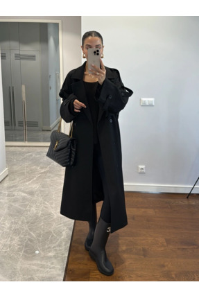 Kardelen Butik Store fastperry Siyah Kadın Kruvaze Detaylı Oversize Trençkot