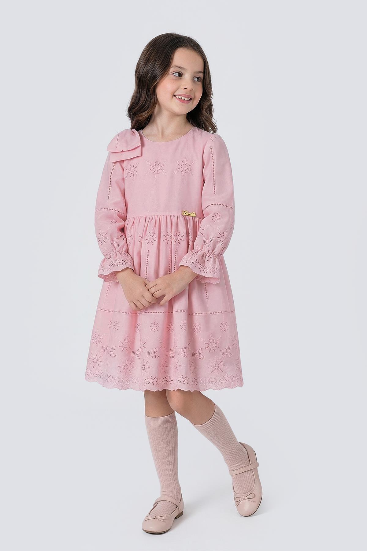 Pina Kids Kız Çocuk Omzu Fiyonk Detaylı Uzun Kollu Fisto Elbise