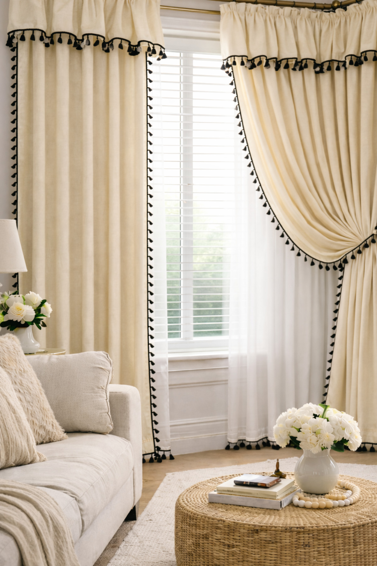 Perdeplus Linen Look Background Curtain with Colored Black Tassels