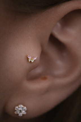 alysa jewelry Cerrahi Çelik pembe zirkon taşlı kelebek piercing tragus, helik...