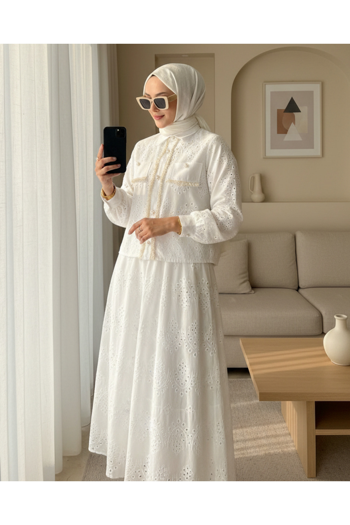heree Elegant and Stylish Hijab Top and Bottom Set with Tassel Detail and Pearl Buttons Skirt