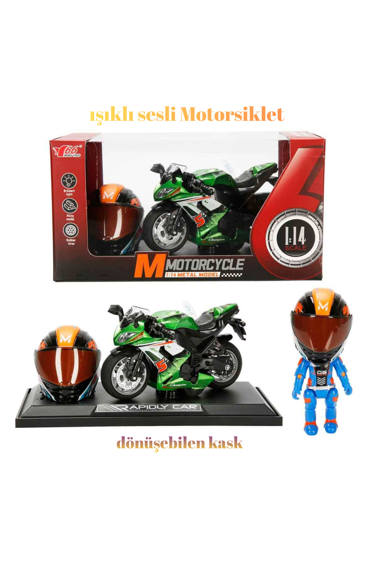 Metal Model Motorsiklet 1:14 Seti Işıklı Sesli- Kasklı Sürücü Figürlü Yarış Motoru Koleksiyon Hediye