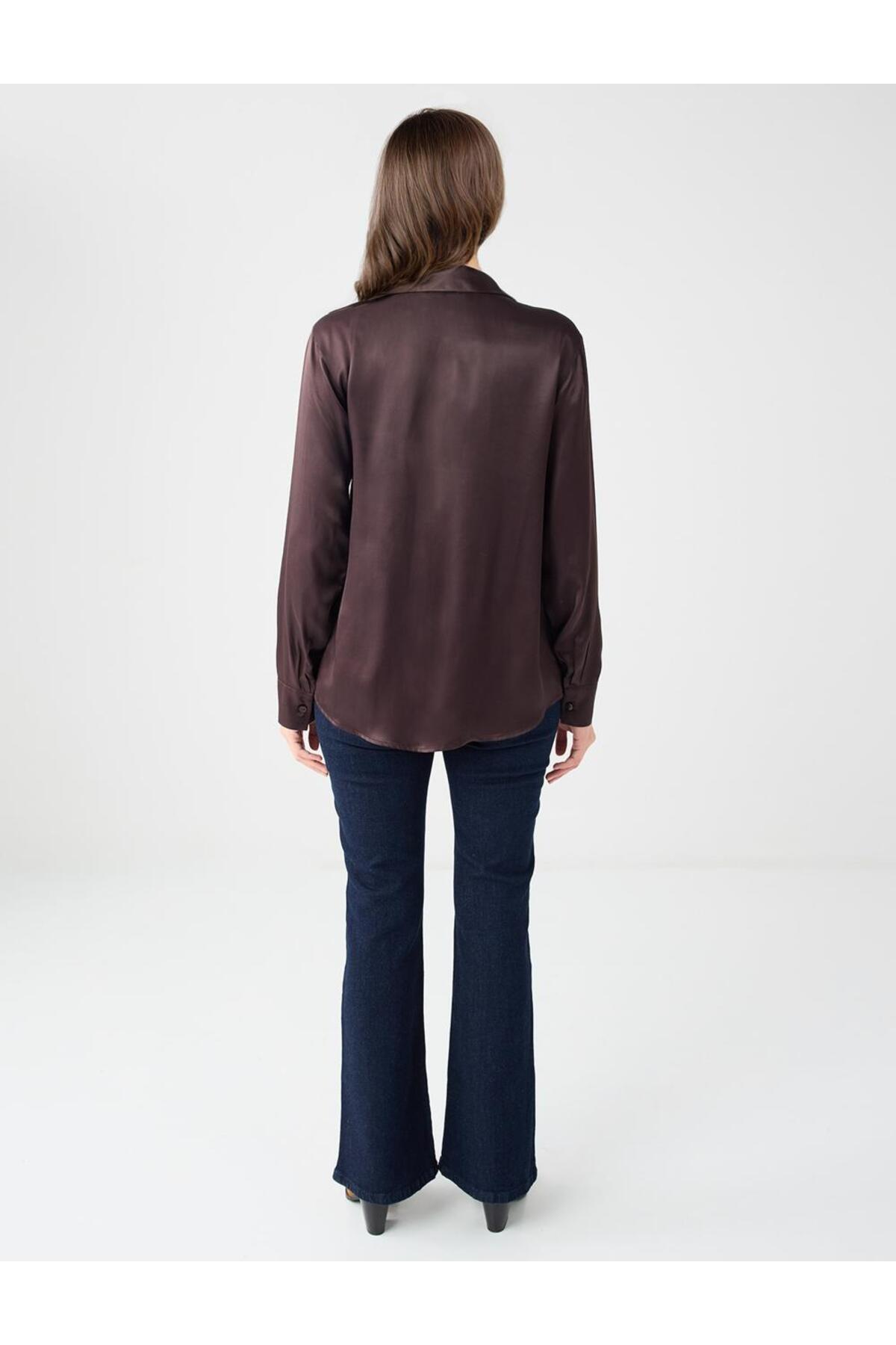Jimmy Key  Acı Kahve Uzun Kollu Rahat Kesim Saten Gömlek - Görsel 5