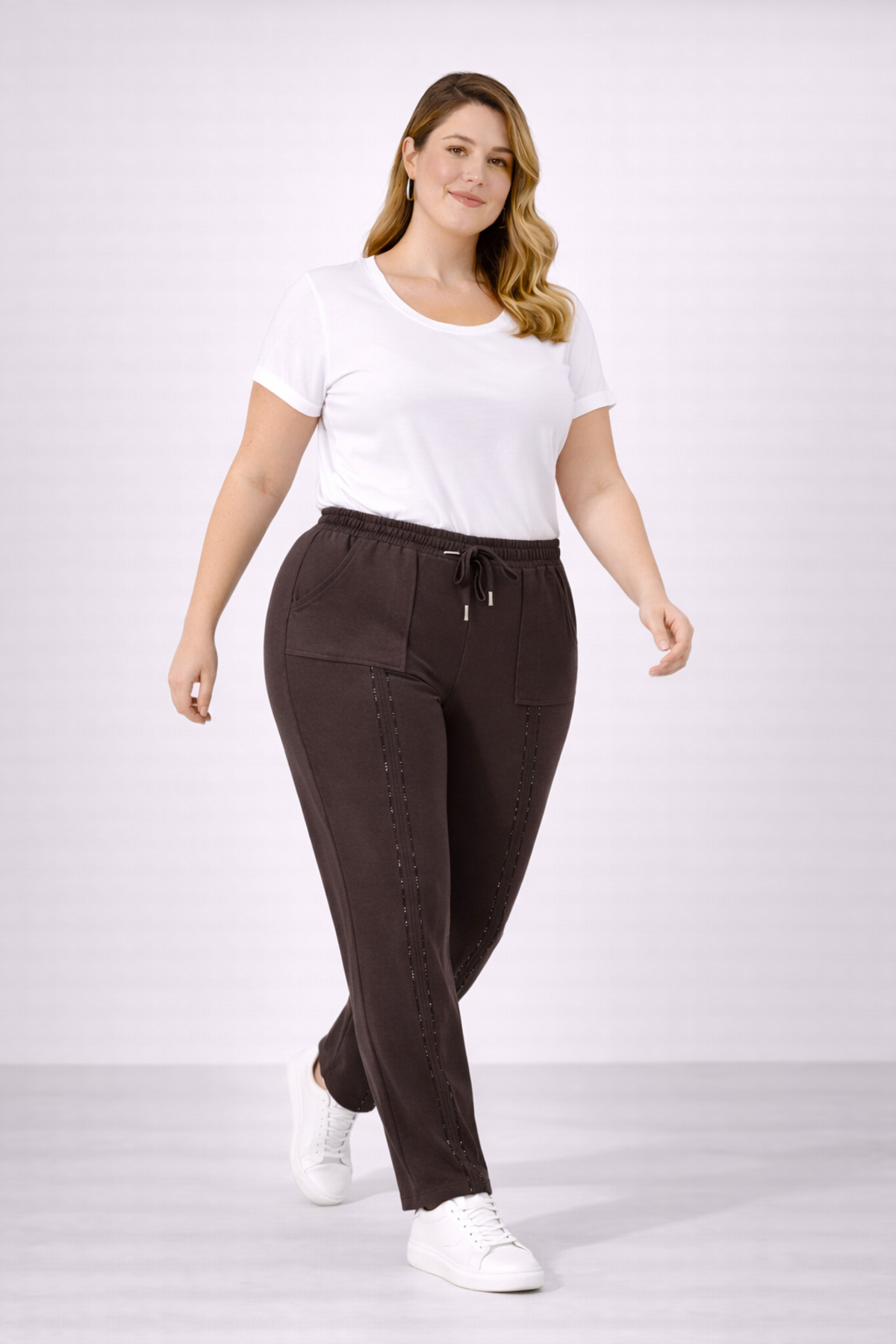 Şans  Kadın Büyük Beden Kahverengi, Bel Lastikli, Ön Taş İşli Cepli Eşofman Alt 65N39394 - Görsel 5