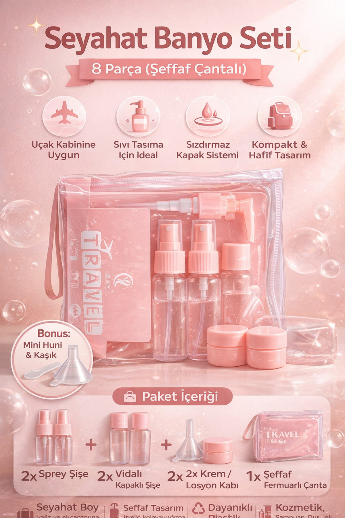 Single 8 Parça Seyahat Bakım ve Kozmetik Seti Düzenleyici Uçak