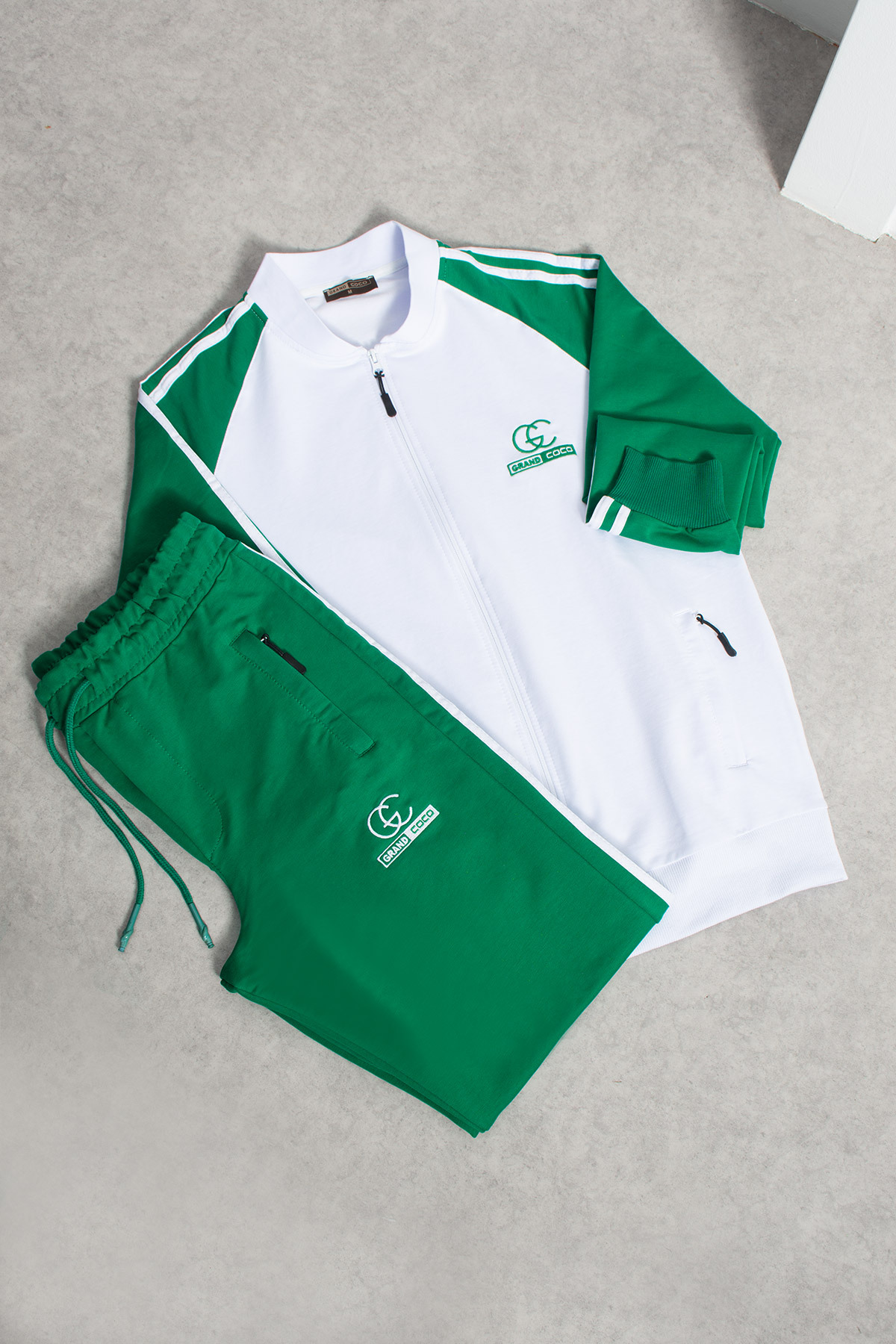 grand coco  Erkek 2 İplik Penye Kumaş Paça Geniş Yeşil Beyaz Eşofman Takımı - Görsel 2