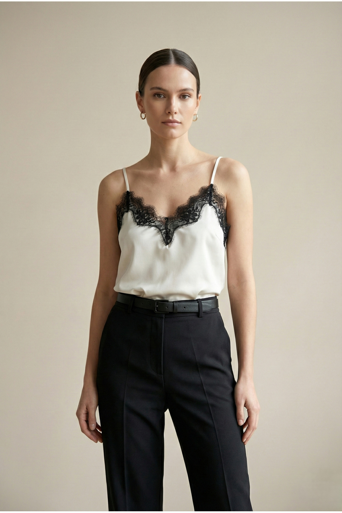 MELA ROSSA Жіноча екрю чорна мереживна регульована шнуркова майка з тканини S...