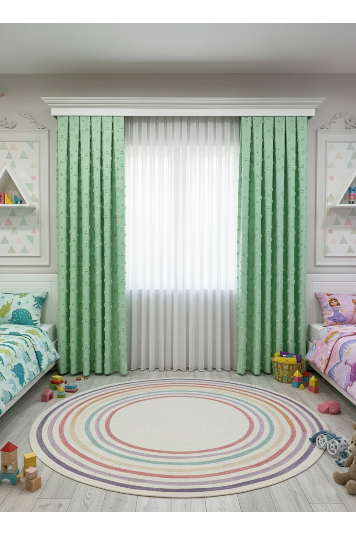 Green Color Children's Room Pompom Puffy Background Curtain 1/3 FREQUENT PLEAT