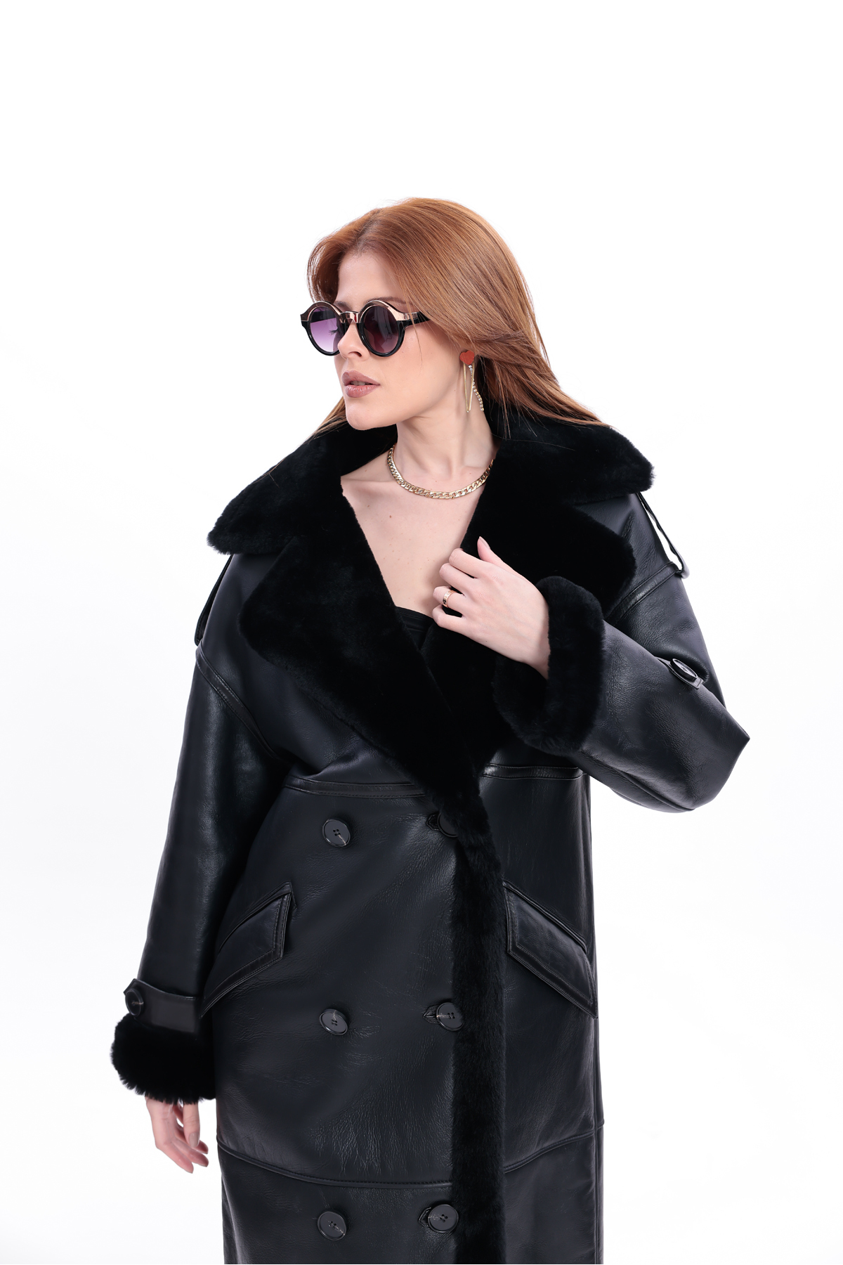 By Marki Marki  Kadın Hakiki Deri Uzun Palto Siyah Oversize Kruvaze Düğmeli içi Kürklü 115 cm - Görsel 7