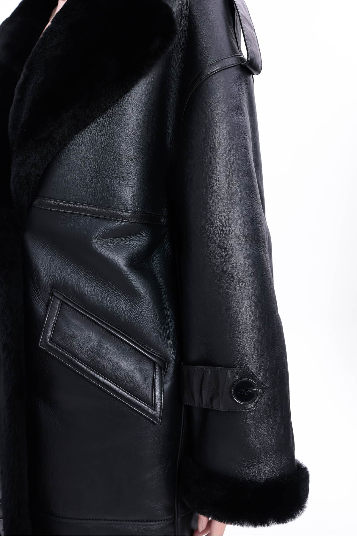 By Marki Marki  Kadın Hakiki Deri Uzun Palto Siyah Oversize Kruvaze Düğmeli içi Kürklü 115 cm - Görsel 9