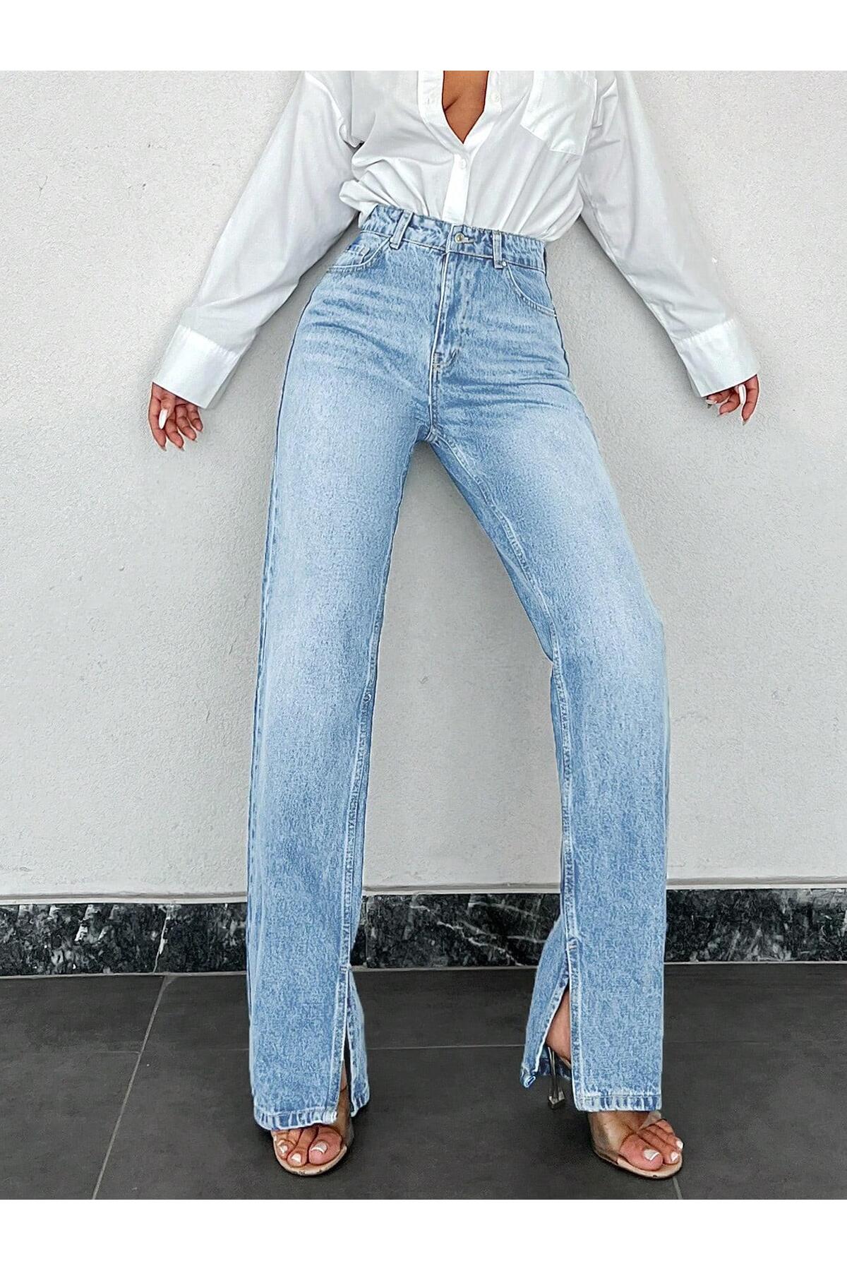 connemara  Jeans Kadın Açık Mavi Yüksek Bel Paça Yırtmaçlı Straight Fit Kot Pantolon - Görsel 3