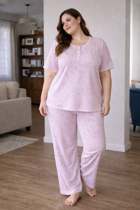 MODA Battal Beden Kısa Kollu Desenli Pamuklu Rahat Şık Kadın Büyük Beden Pija...