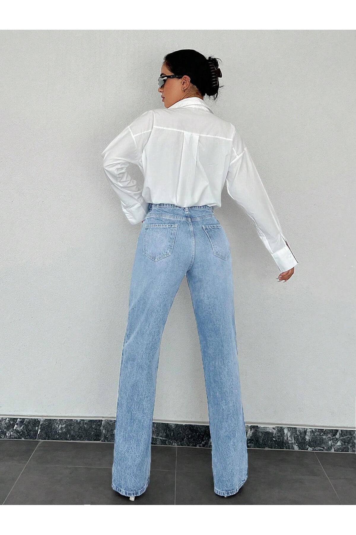 connemara  Jeans Kadın Açık Mavi Yüksek Bel Paça Yırtmaçlı Straight Fit Kot Pantolon - Görsel 4