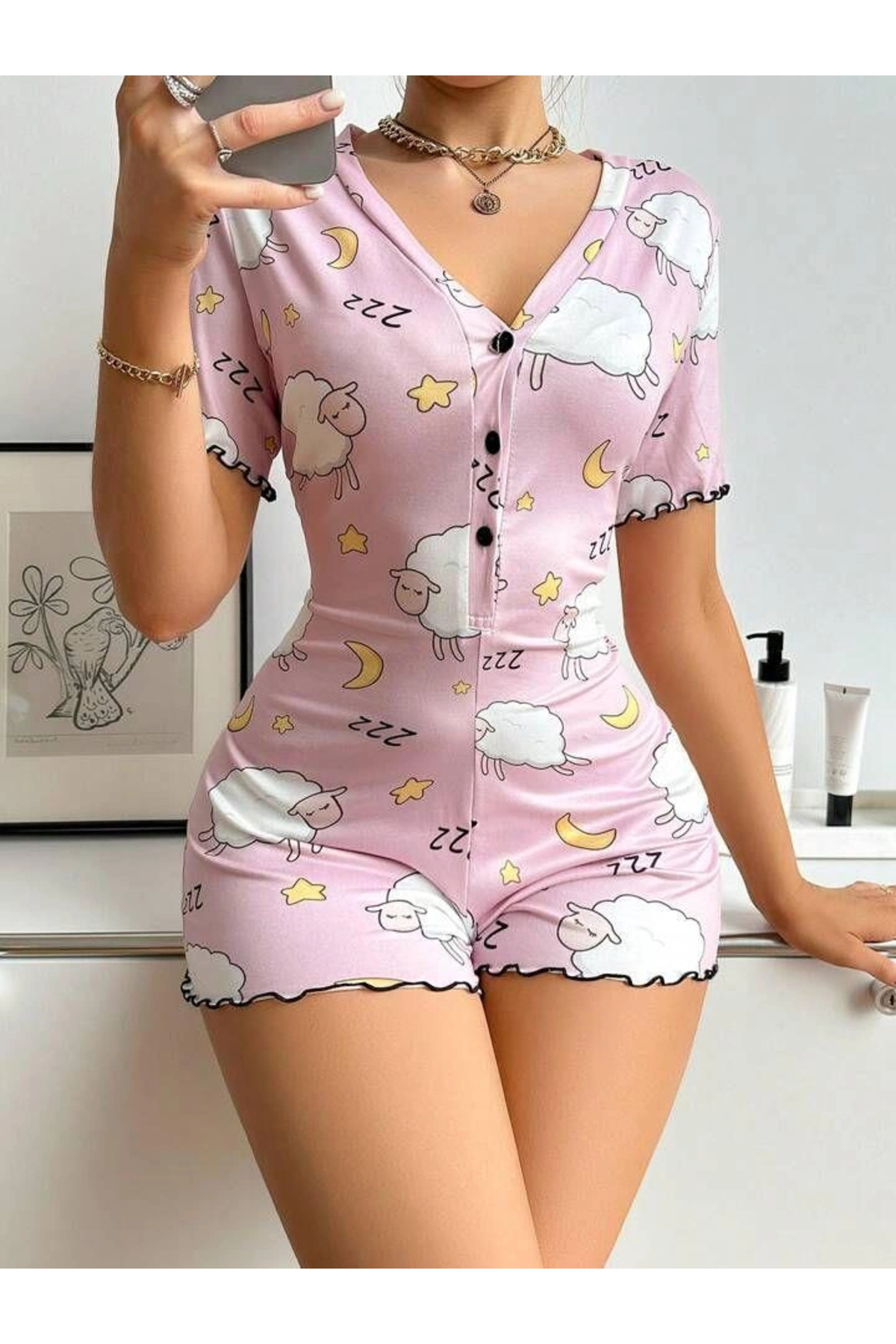 ALFA AKSESUAR 03 Pamuklu Pembe Kuzu Desenli Düğmeli Uzun Kol Tulum Pijama