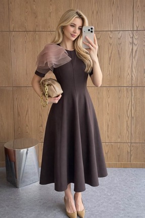 Pulli Collection Çıkartılabilir Broşlu Midi Boy Zarif Elbise Acı Kahve
