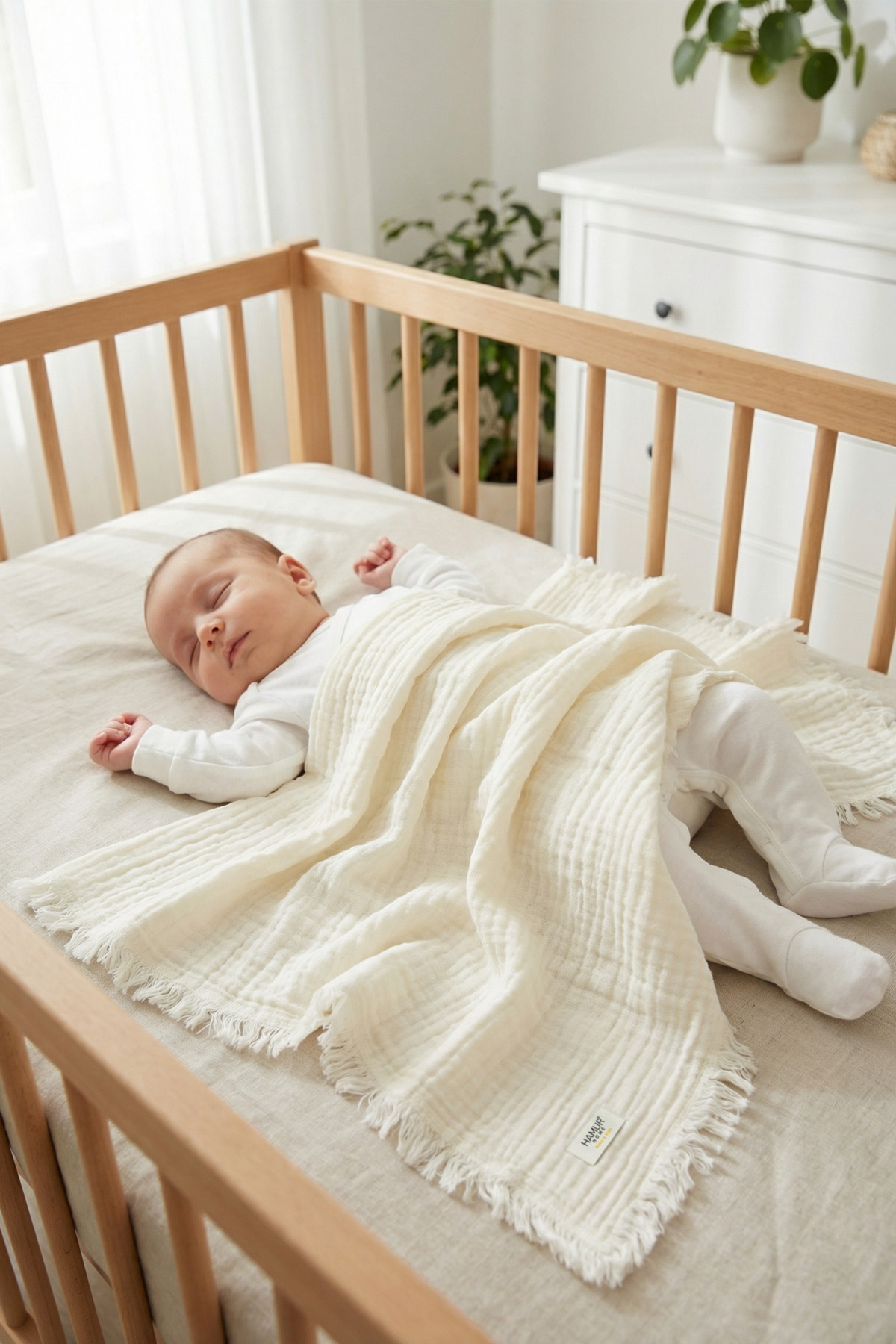 HAMUR Müslin Bebek Pikesi %100 Pamuk 85x100 cm Yenidoğan Bebek Arabası Puset Örtüsü Kundak Battaniye Ekru fotoğrafı 3 (önizleme)