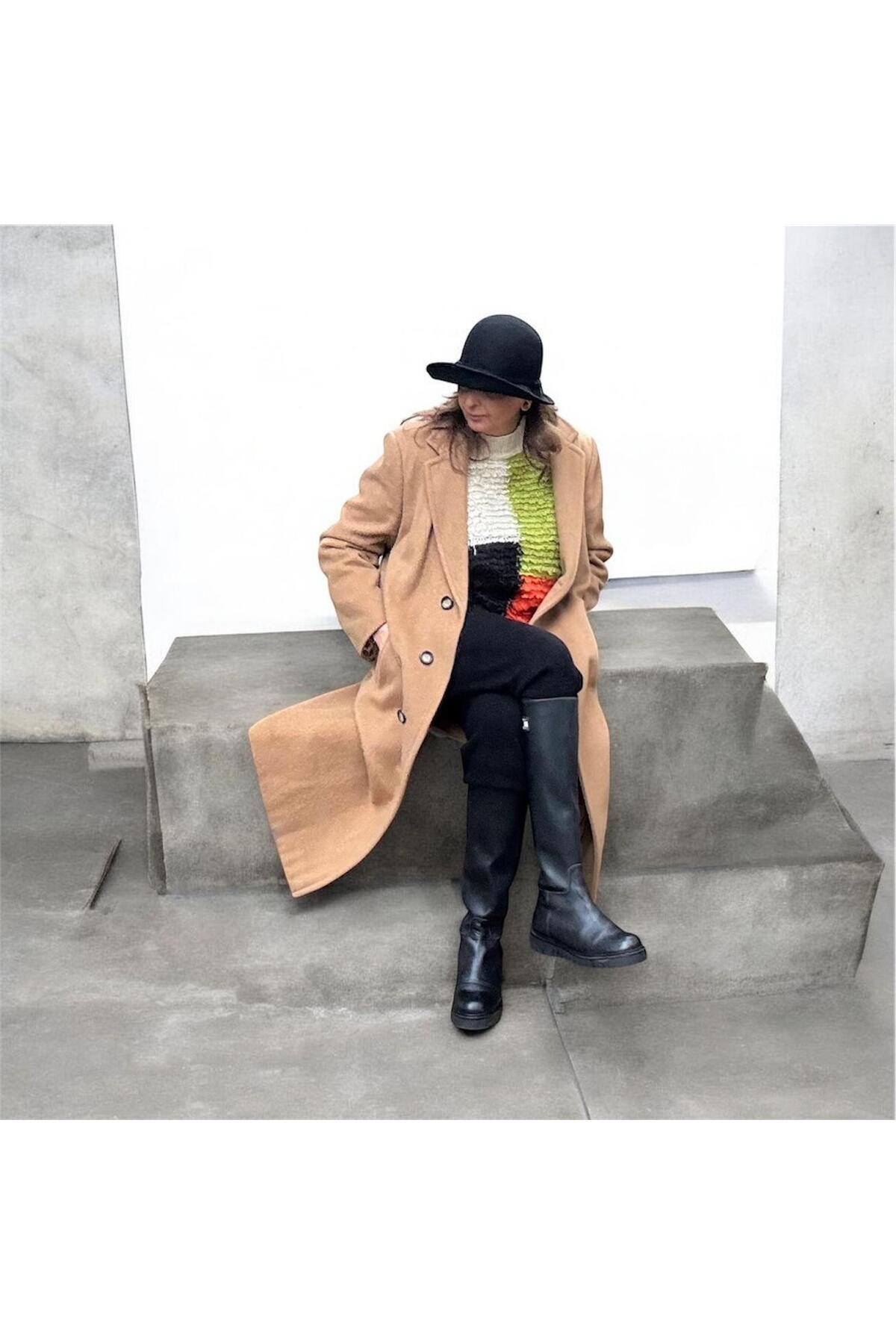 Retrokare  Camel-Bej 100% yün Oversize Palto - Görsel 6