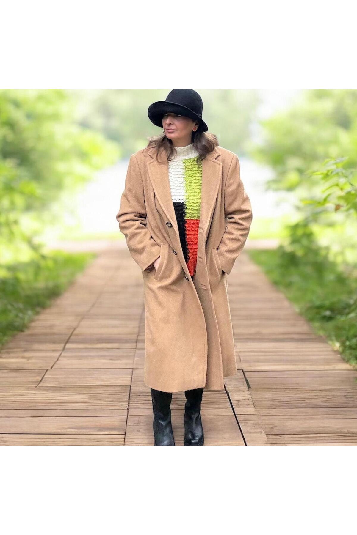 Retrokare  Camel-Bej 100% yün Oversize Palto - Görsel 4