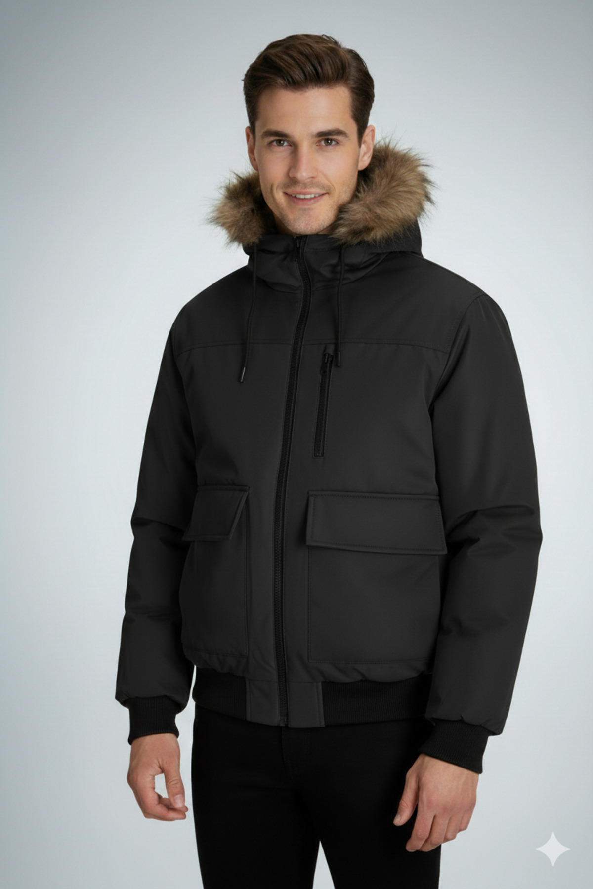 JJCHARLIE Fur Water Cold Proof Men's Fur Detailed Bomber Coat - Stylish and Functional