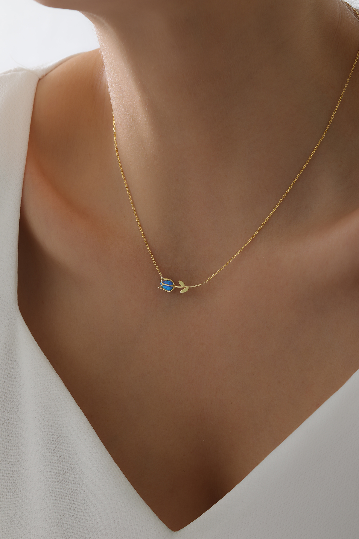 SUNSHINE 925 Ayar Gümüş Gold Kaplamalı Opal Taşlı Lale Kolye görsel 2