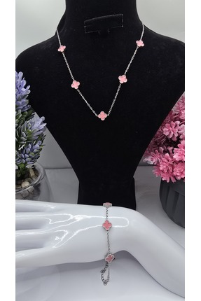 ahsenaksesuar2025 Mini Pembe Taşlı Yonca Model Gümüş Renk Çelik Kolye Bilekli...