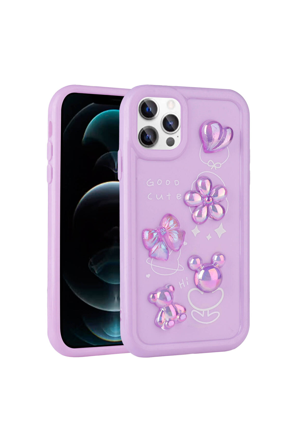 iPhone 13 Pro Max Uyumlu Kabartma Figürlü Parlak KLFK Toys Silikon Kılıf-Mor