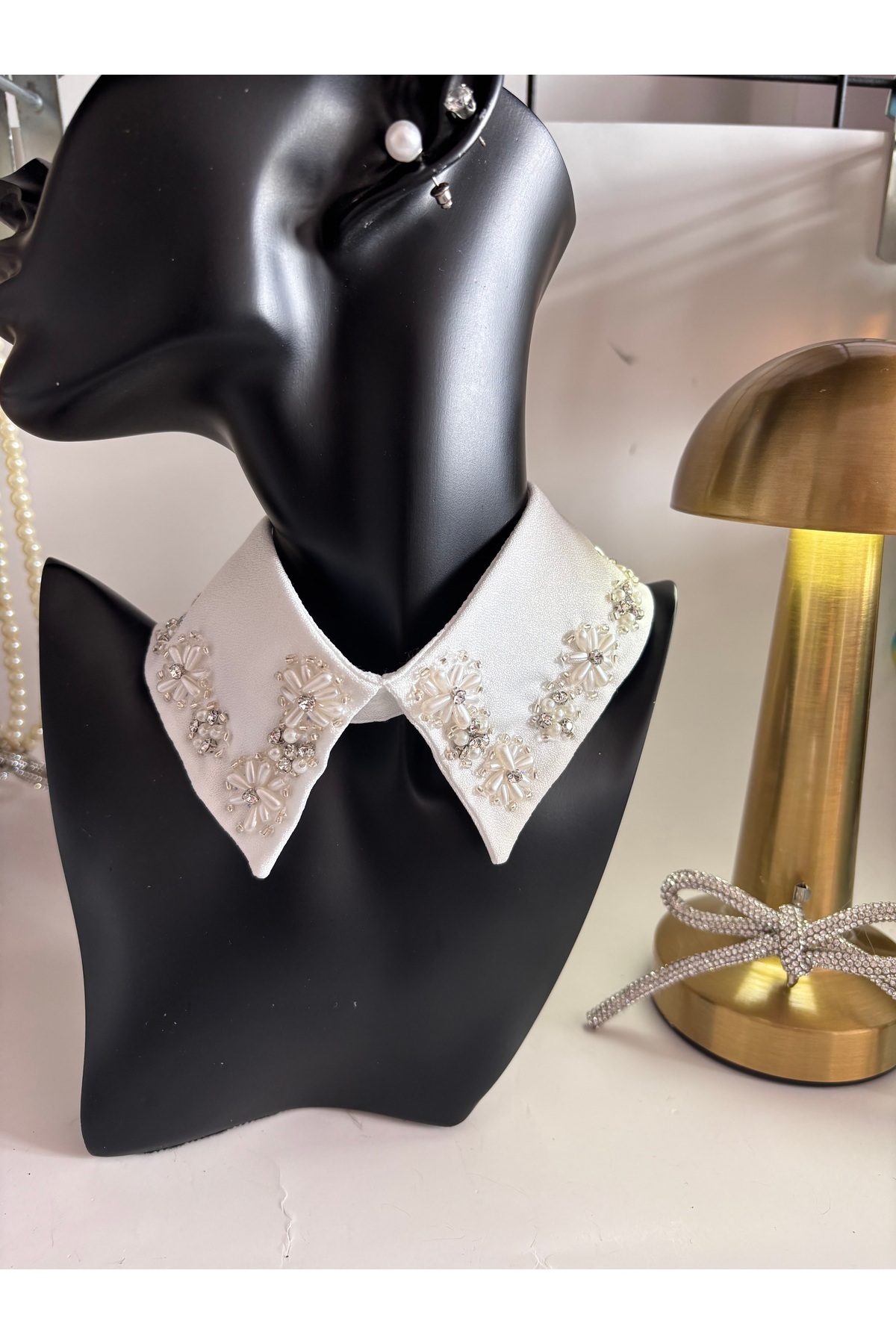 CROCUS DESIGN  Tasarım çiçek desen incili gömlek yakası - Görsel 6