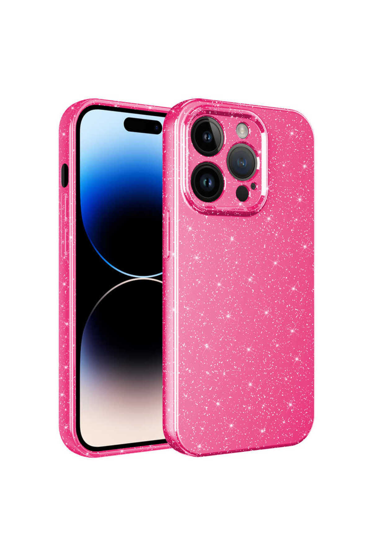 iPhone 14 Pro Max Uyumlu Kamera Korumalı Simli Lüks KLFK Koton Kılıf-Pembe Koyu