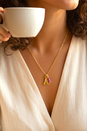 iniaHome 925 Ayar Gümüş Doğum Taşlı Kişiye Özel İsim Baş Harfi Kolye Gold 40 ...