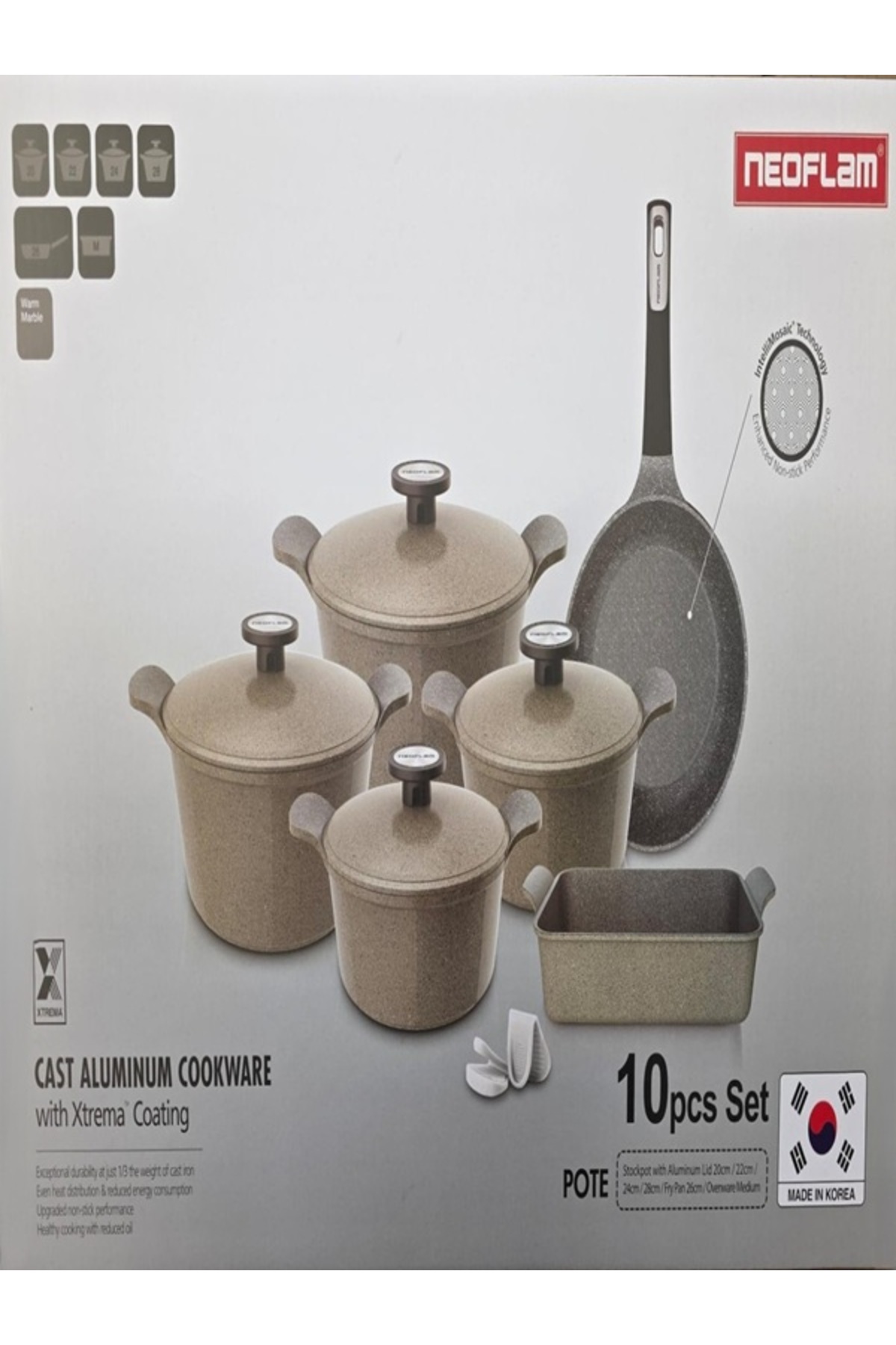 NEOFLAM ,POTE10Pcs Set,Cast Aluminum,Marble Coating,(C20,22,24,28cm+F26cm+Ovenware medium)Warm Marble
