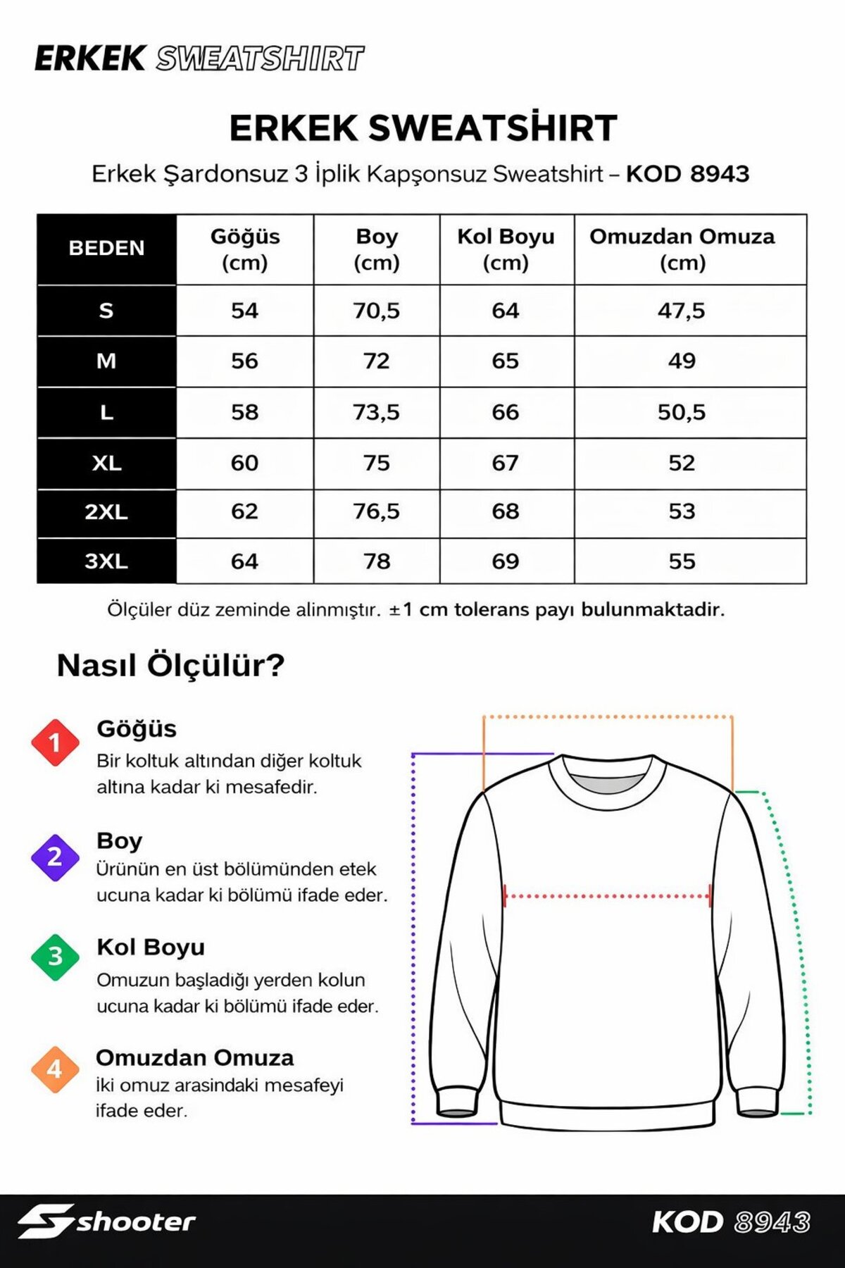 Shooter Sportswear Haki Erkek Günlük Sweatshirt Bisiklet Yaka Regular Kalıp 3 iplik görsel 6