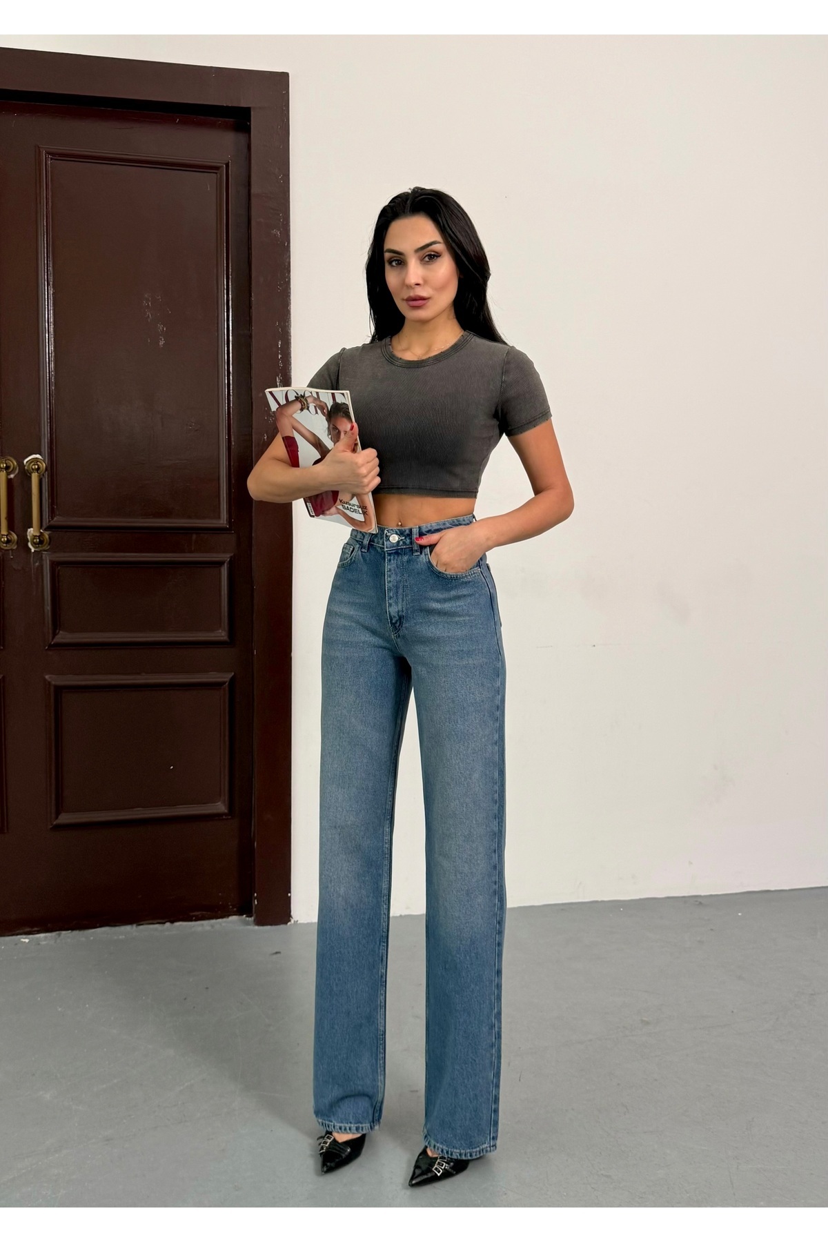 Lexsina  Kadın Yüksek Bel Geniş Paça Kot Palazzo Pantolon