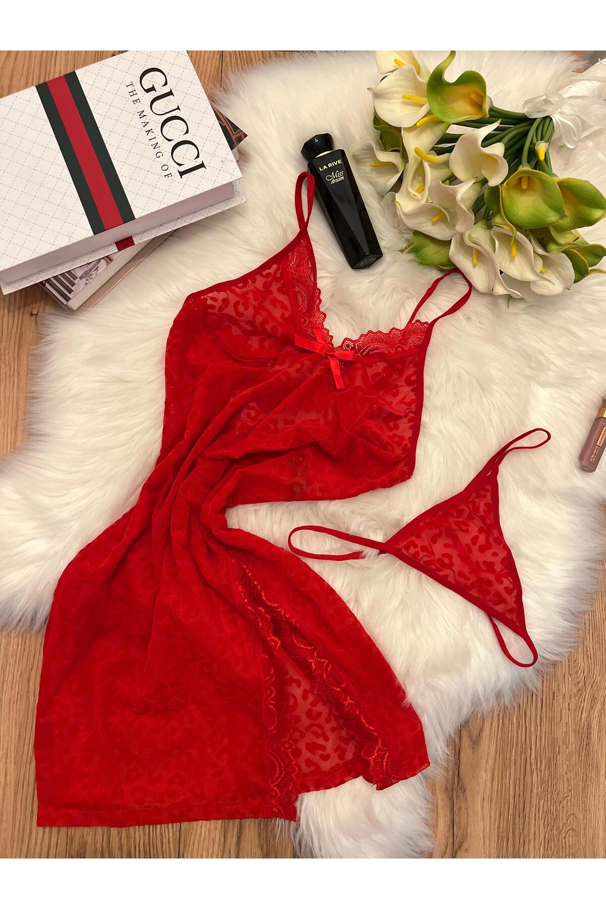 ohminishe Leopar Desenli Askılı Kırmızı Gecelik