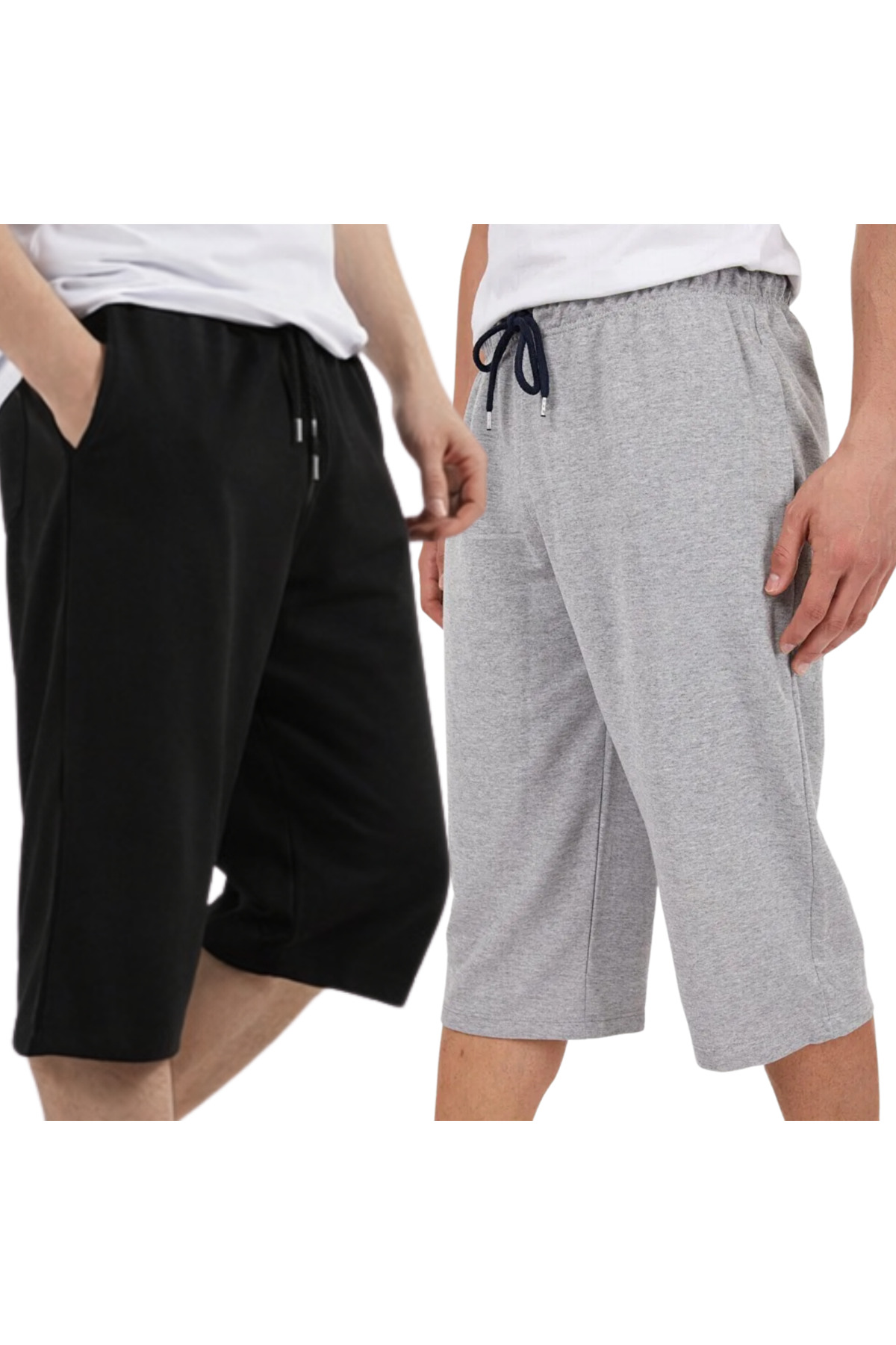 Relax family xf Erkek Siyah Gri 2'li Set Uzun Penye Şort & Bermuda Kapri Yazlık Pamuklu Slim Fit