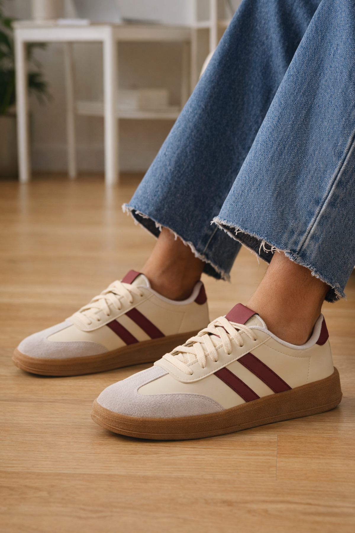 Beınsteps Unisex Sneaker Model Light Sole Cream Claret Red Casual Sports Shoes