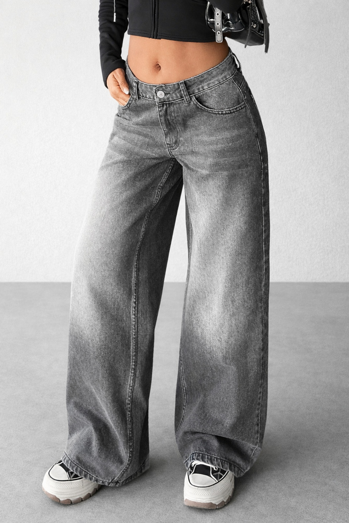 Polo State  Kadın Gri Yıkamalı Bol Paça Düşük Bel Wide Leg Jean Pantolon - Görsel 4