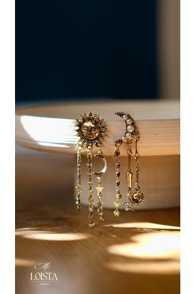 Mi Loista Jewelry Güneş & Ay Figürlü Asimetrik Gold Küpe